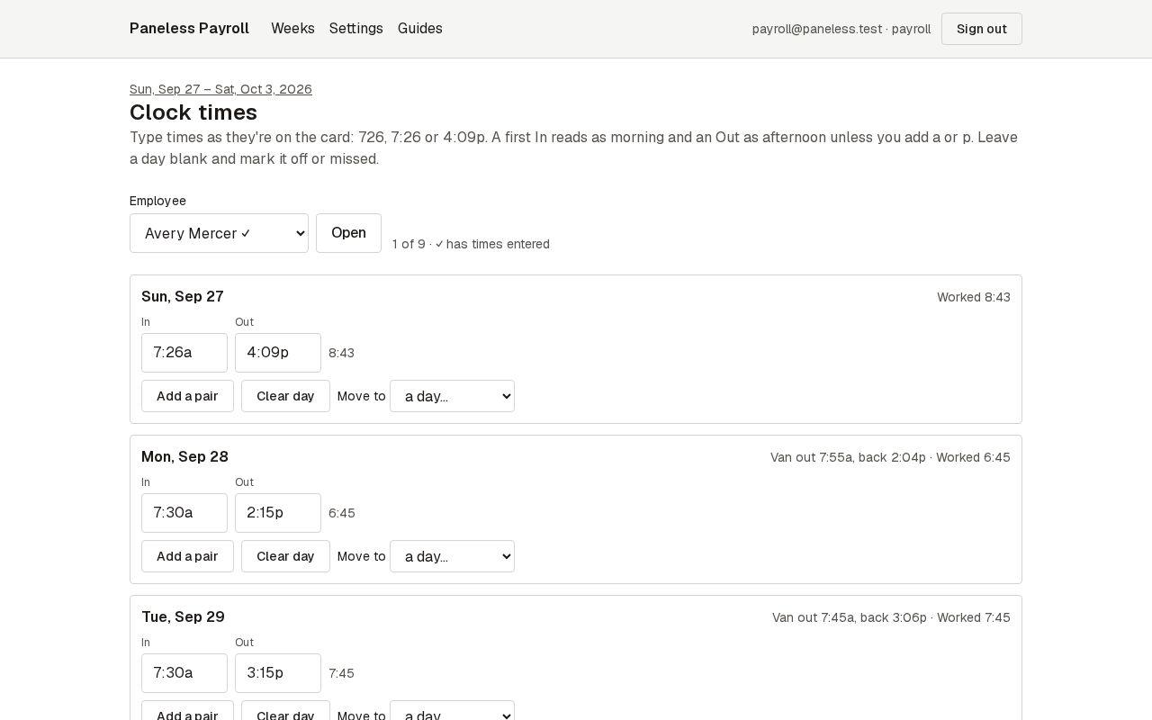 Screen for step 2: Type the times as they come