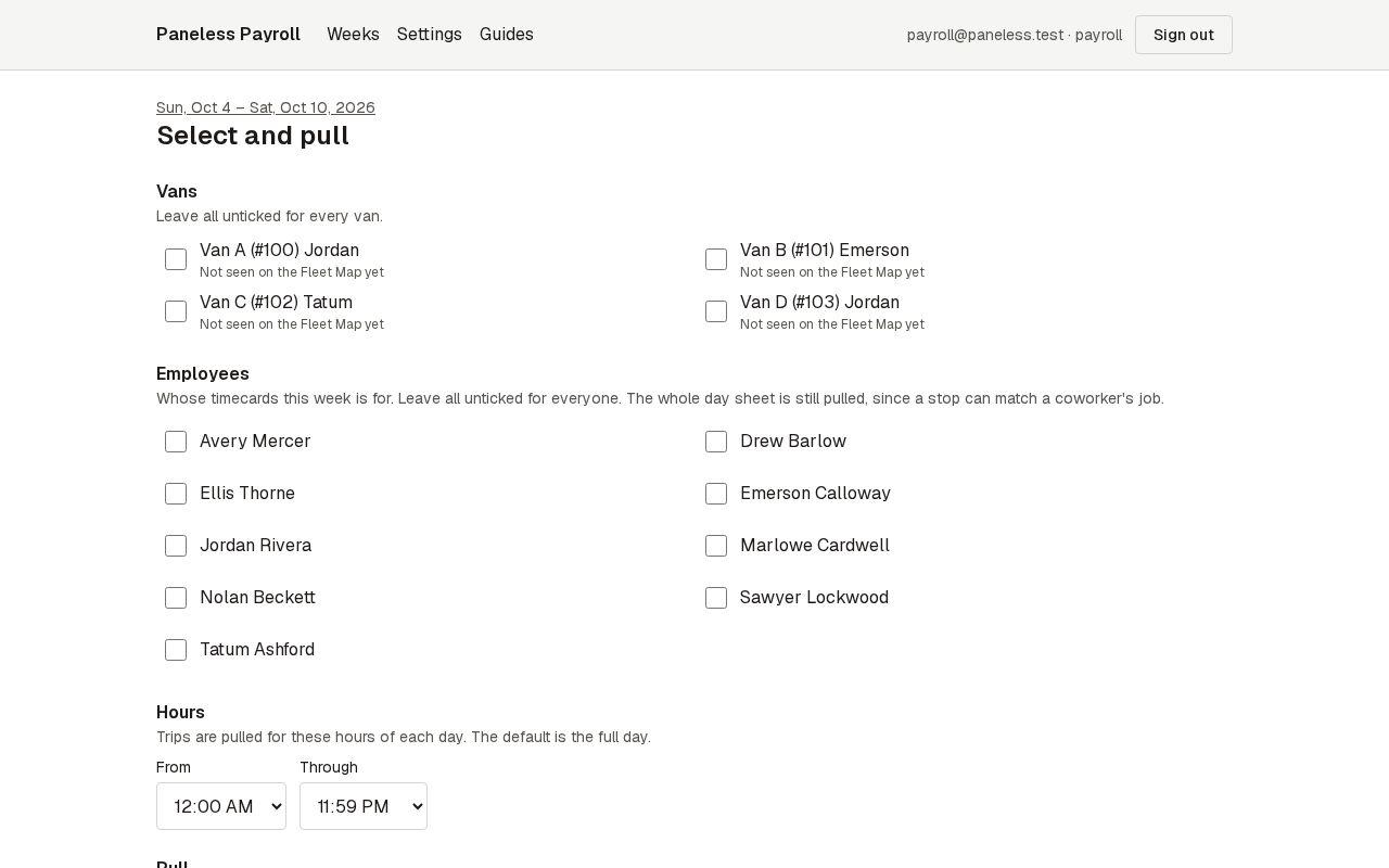 Screen for step 2: Choose the vans