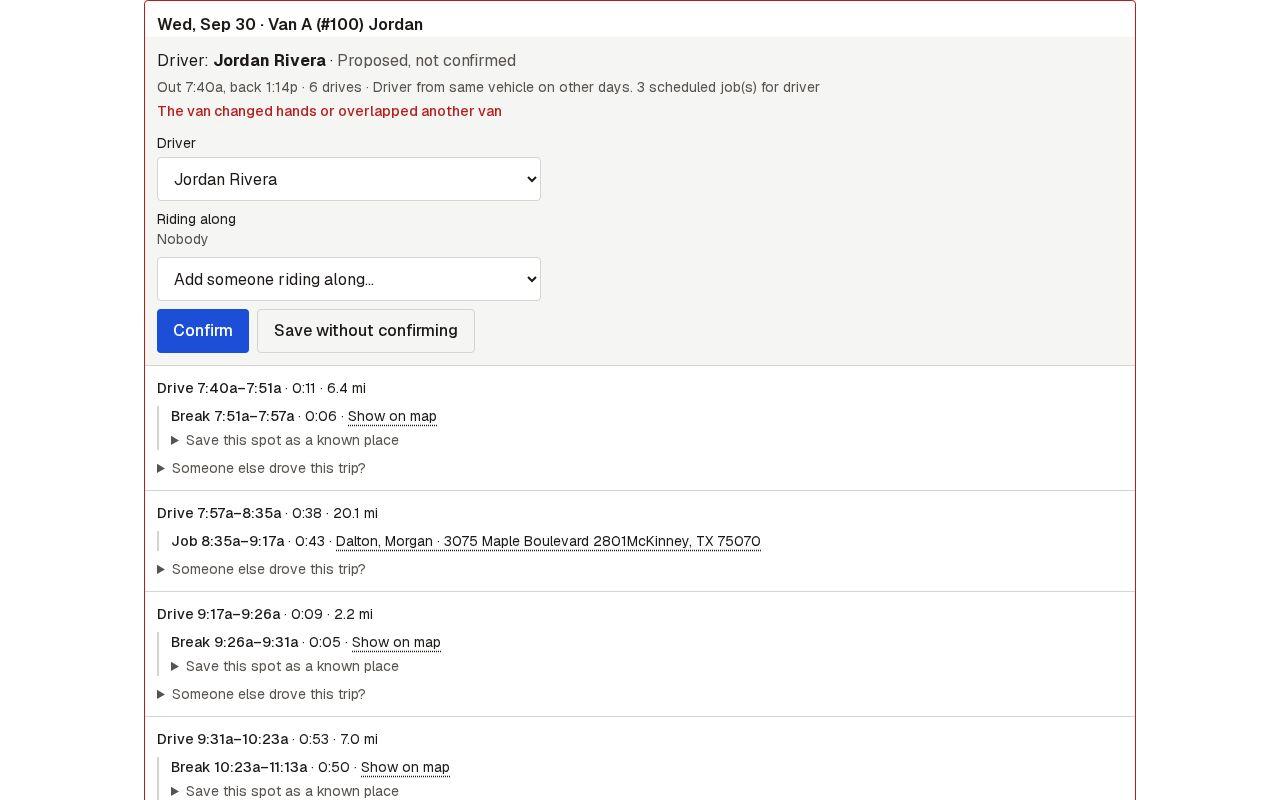 Screen for step 2: Check each van-day that needs a look
